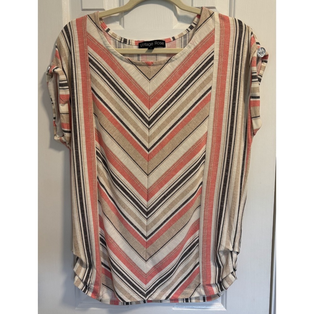 Vintage Rose V-Neck Short Sleeve Striped Blouse Women Size Large Coral Tan